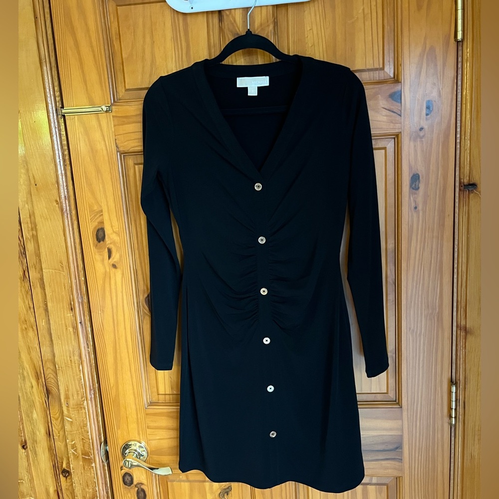 Michael Kors Black Long-Sleeve Ruched Button-Front Dress
